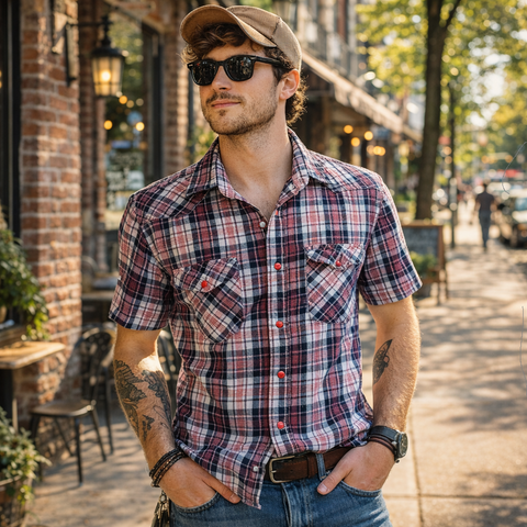 1990s Vintage Plaid Flannel Western Shirt Men's Cowboy Style Short Sleeve Red, White & Black Pearl Snap Shirt by FOURCAST - Size LARGE