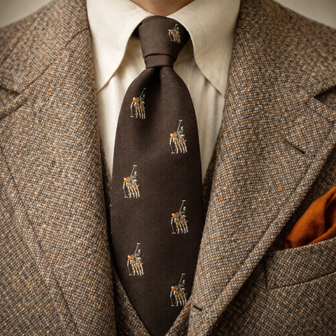 1970s Men's Polo Player Tie Vintage Men's Disco Era Brown Silk & Polyester necktie with woven Polo Players on Horses Designs by Briar