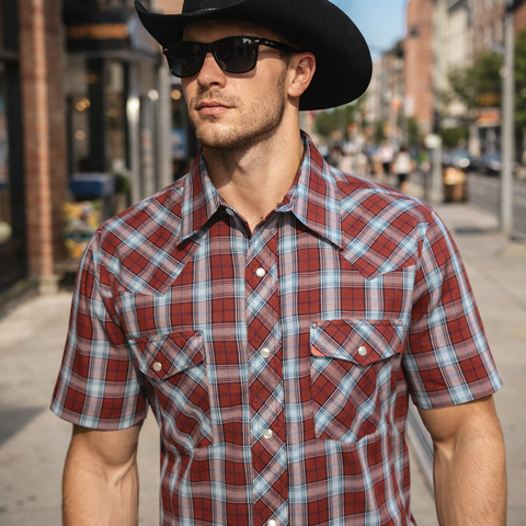 2000s Vintage WRANGLER Plaid Western Shirt Men's Rust Red Cowboy Style Short Sleeve Pearl Snap Shirt - Size XL