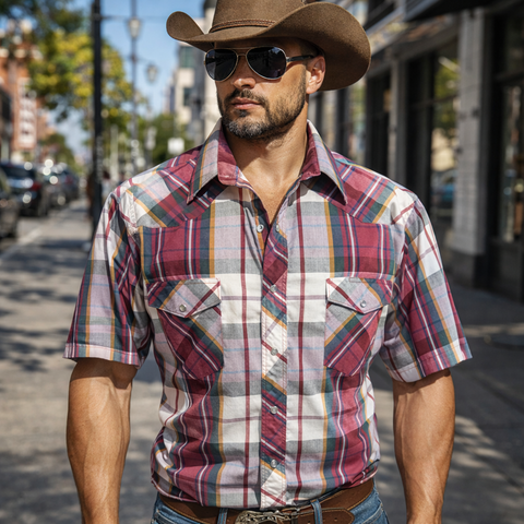 1980s Vintage RUSTLER Western Shirt Men's Burgundy Red & White Plaid Cowboy Style Short Sleeve Shirt with Pearl Snaps - Size XL