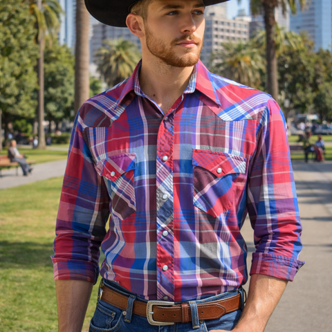 1980s Vintage Men's Wrangler Western Shirt Cowboy Style Red & Blue Plaid Long Sleeve Pearl Snap Shirt by Wrangler - Size LARGE