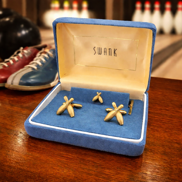 1960s SWANK Bowling Pin Cufflinks & Tie Pin Set Mid Century Vintage Gold Tone Metal Cuff links and Tie Tack by SWANK in Blue Velvet Box