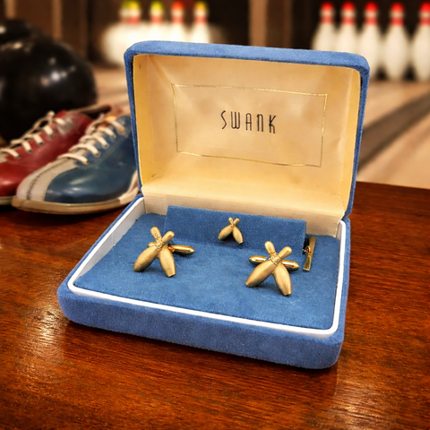 1960s SWANK Bowling Pin Cufflinks & Tie Pin Set Mid Century Vintage Gold Tone Metal Cuff links and Tie Tack by SWANK in Blue Velvet Box