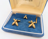 1960s SWANK Bowling Pin Cufflinks & Tie Pin Set Mid Century Vintage Gold Tone Metal Cuff links and Tie Tack by SWANK in Blue Velvet Box