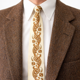 1950s Square Paisley Tie Men's Vintage 50s Off white Cotton Square Bottom Skinny Narrow Tie with Brown & Black Screen Printed Paisley Designs