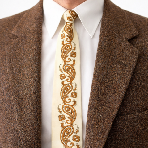 1950s Square Paisley Tie Men's Vintage 50s Off white Cotton Square Bottom Skinny Narrow Tie with Brown & Black Screen Printed Paisley Designs