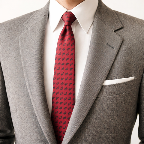 1950s Skinny Red Tie Mad Men Era Vintage Mid Century Burgundy Red & Black Narrow Men's Necktie with Knight's Head or Knight's Helmet Designs