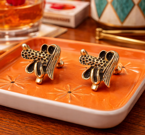 1960s Gold Poodle Cufflinks Men's Vintage Gold Tone Metal Cufflink Set with Goofy Cartoon Dog Heads
