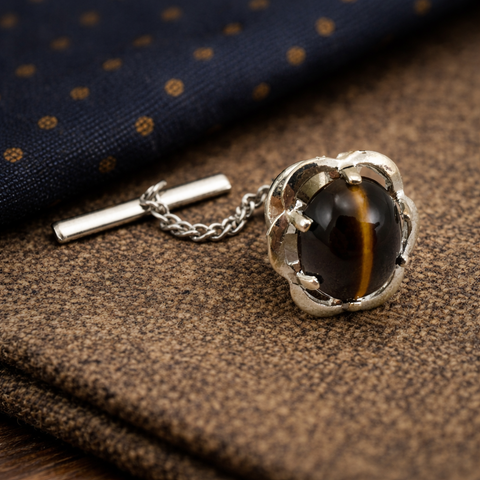 1960s-70s Tigers Eye Tie Pin Large Modernist Mad Men Era Silver Tone Metal Tie Tack with Brown "Stone"