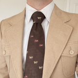 1970s Automobile Tie Disco Era Wide Brown Polyester Men's Vintage Necktie with woven antique car designs Chadwick by Wembley