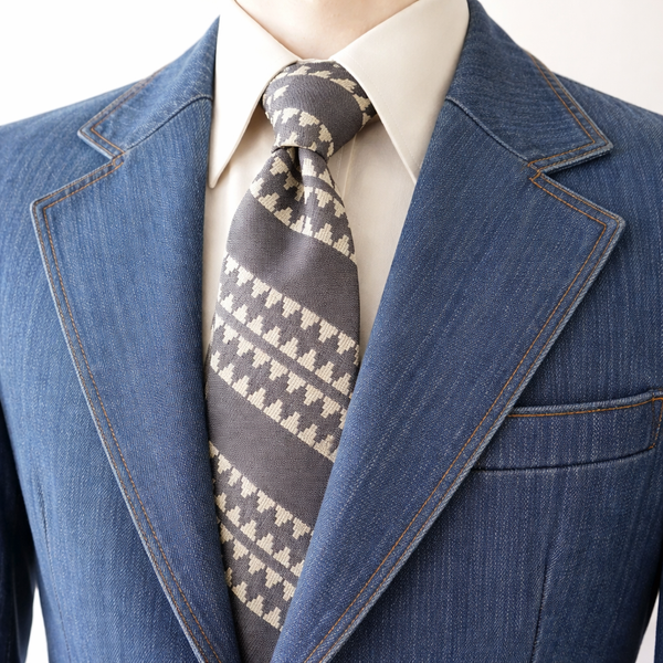 1970s Vintage Blue & White Geometric Tie woven Men's Polyester Disco era Necktie