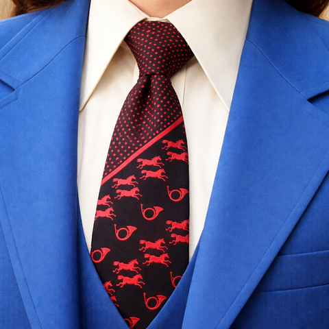 1970s Horse Necktie Men's Vintage Disco Era Wide Blue & Red Polyester Tie with Horse and Horn designs