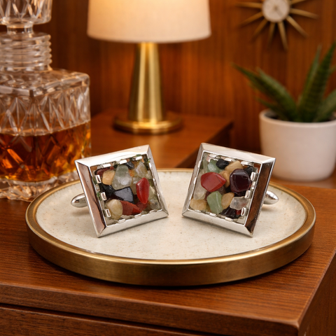 1960s SWANK Gemstone Cufflinks Men's Vintage Mad Men Era Modernist Silver Tone Metal Cufflink Set with Semi-precious Stones