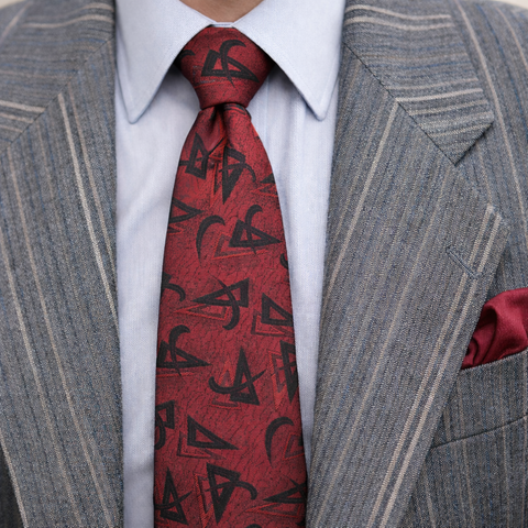 1980s Men's Red & Black Tie Vintage Woven Polyester Necktie by Royal Knight with Retro Abstract Designs