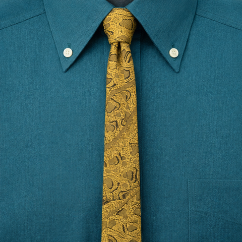 1980s Men's Skinny Gold Tie Vintage 80s Black & Mustard Gold Narrow Woven 100% Polyester Necktie with Retro Abstract Designs