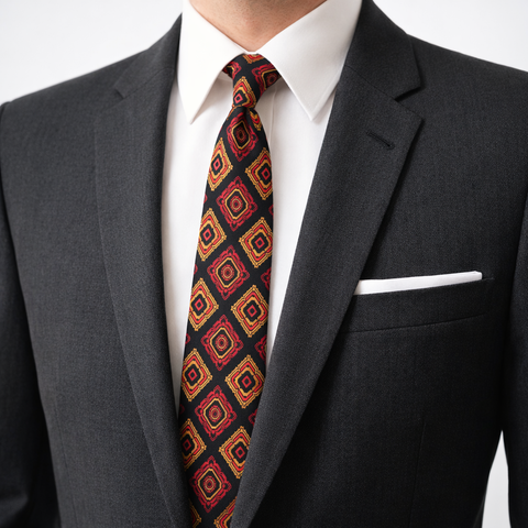 1950s Silk Skinny Tie Men's Vintage Mad Men Era Mod Black Narrow Silk Necktie with printed designs by ALUMNUS