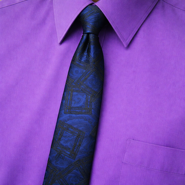 1980s Blue & Black Skinny Tie Narrow Shiny Woven Blue Men's Vintage 80s Necktie with abstract designs by RICK BENNETT