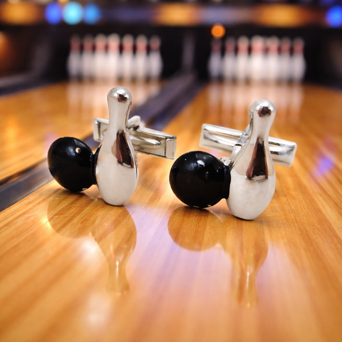 1960s Bowling Cufflinks Mad Men Era Mid Century Men's Vintage Silver Tone Metal Cufflink Set with Silver Bowling Pins & Black Bowling Ball