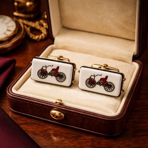 1960s-70s Antique Car Cufflinks Men's Vintage Gold Tone Metal Cufflink Set with porcelain tiles with early 1900s car designs