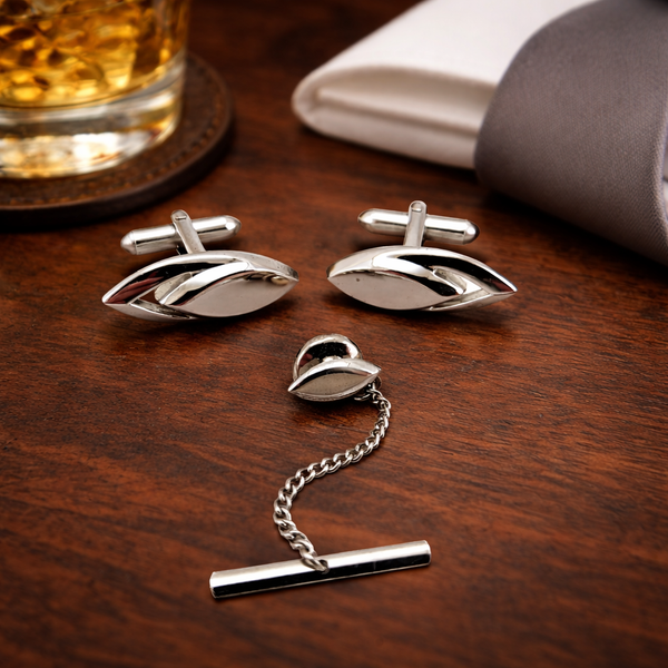 1960s SWANK Modernist Cufflinks & Tie Pin / Tie Tack Set Silver Tone Metal Men's Vintage Cufflink Set by SWANK