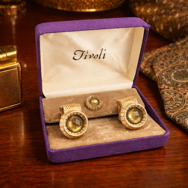 1960s SWANK Cufflink & Tie Pin Set Huge Modernist Mad Men Era Gold Tone Metal Wrap-a-round Cufflinks and Tie Tack Set with Brown Stones