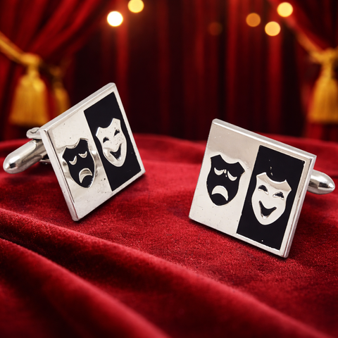 1960s Theatre Mask Cufflinks Mad Men Era Silver Tone Metal Cufflink Set with Comedy and Tragedy Masks by SWANK