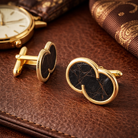 1960s SWANK Alligator Cufflinks Mid Century Modern Men's Vintage Gold Tone Cufflink Set with brown alligator leather inserts by SWANK