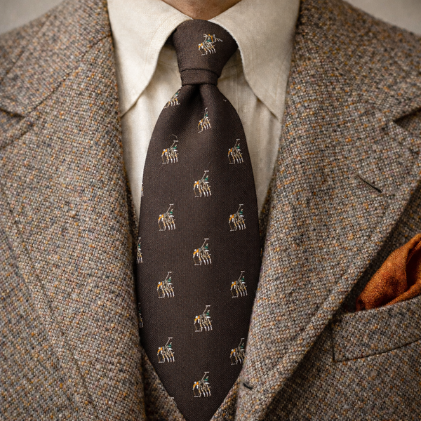 1970s Men's Polo Player Tie Vintage Men's Disco Era Brown Silk & Polyester necktie with woven Polo Players on Horses Designs by Briar