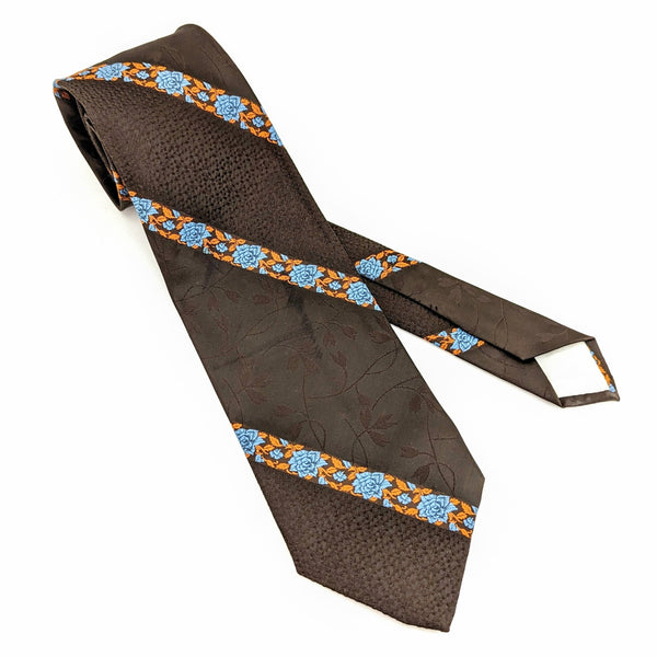 1970s Wide Floral Tie Men's Vintage Brown Disco Era Polyester Necktie with Woven Blue & Orange Flower Designs Philippe Creations
