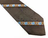 1970s Wide Floral Tie Men's Vintage Brown Disco Era Polyester Necktie with Woven Blue & Orange Flower Designs Philippe Creations
