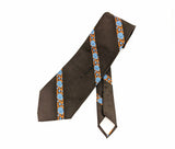 1970s Wide Floral Tie Men's Vintage Brown Disco Era Polyester Necktie with Woven Blue & Orange Flower Designs Philippe Creations