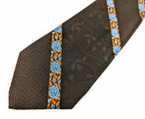 1970s Wide Floral Tie Men's Vintage Brown Disco Era Polyester Necktie with Woven Blue & Orange Flower Designs Philippe Creations
