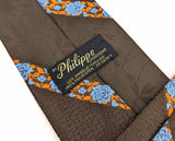 1970s Wide Floral Tie Men's Vintage Brown Disco Era Polyester Necktie with Woven Blue & Orange Flower Designs Philippe Creations