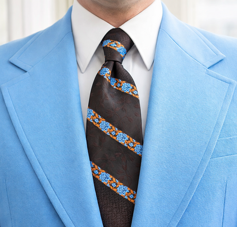 1970s Wide Floral Tie Men's Vintage Brown Disco Era Polyester Necktie with Woven Blue & Orange Flower Designs Philippe Creations