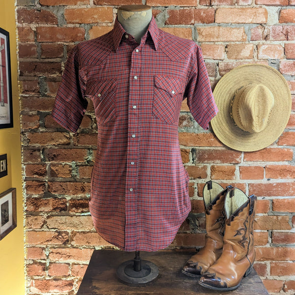 1980s Vintage Red Plaid Western Shirt Men's Cowboy Style Short Sleeve Pearl Snap Shirt by Ruddock Shirts - Size MEDIUM