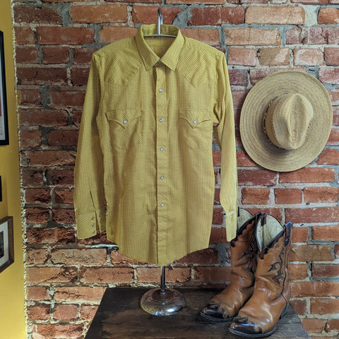 1960s Western Shirt Mustard Yellow Plaid Vintage Cowboy Style Long Sleeve Shirt with Pearl Snaps - Size Men's Small / Boy's 16 Large