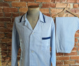 Vintage 1960s-70s Men's Pajamas 2 Piece Men's Blue & White Striped Pajama Top and Pants by Royal Knight - Size XL 46-48