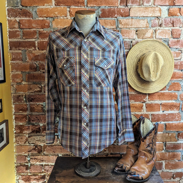 1970s Plaid Western Shirt Men's Vintage Cowboy Style Brown & Blue Plaid Pearl Snap Long Sleeve Shirt SUNDANCE by Career Club - Size MEDIUM