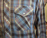 1970s Plaid Western Shirt Men's Vintage Cowboy Style Brown & Blue Plaid Pearl Snap Long Sleeve Shirt SUNDANCE by Career Club - Size MEDIUM