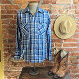1980s Vintage Men's Wrangler Western Shirt Cowboy Style Blue Plaid Long Sleeve Shirt by Wrangler - Size MEDIUM