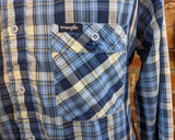 1980s Vintage Men's Wrangler Western Shirt Cowboy Style Blue Plaid Long Sleeve Shirt by Wrangler - Size MEDIUM