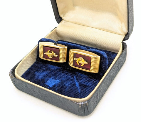 1940s ANSON Shriner Cufflink Set Gold Tone Art Deco Men's Vintage Cufflinks with Red Cherry Juice Bakelite "Stones" by Anson in Original Box