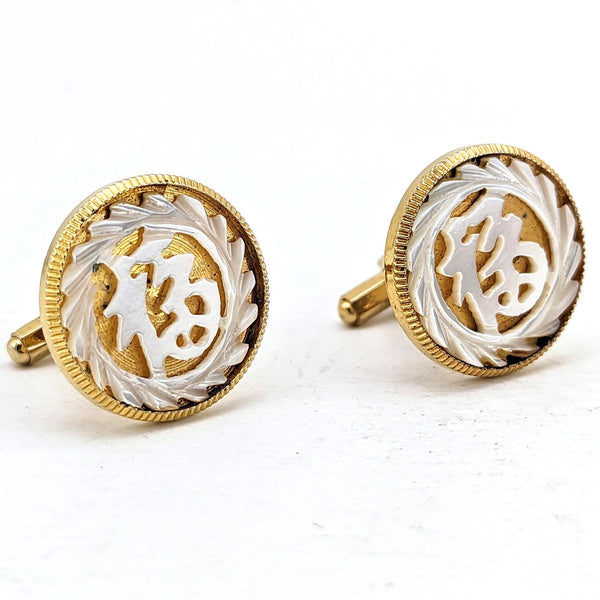 1960s-70s Carved Mother-of-pearl Cufflinks Mad Men Era Gold Tone Metal Cufflink Set with hand carved Chinese FU Symbol of Good Blessings