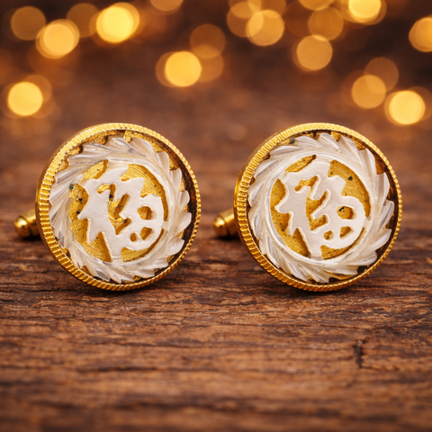 1960s-70s Carved Mother-of-pearl Cufflinks Mad Men Era Gold Tone Metal Cufflink Set with hand carved Chinese FU Symbol of Good Blessings