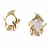 1960s Kissing Fish Cufflinks Mad Men Era Men's Vintage Gold Tone Metal Cuff Links Set with Rhinestones and Mother-of-Pearl Inserts