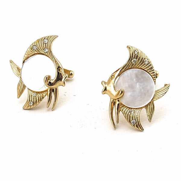 1960s Kissing Fish Cufflinks Mad Men Era Men's Vintage Gold Tone Metal Cuff Links Set with Rhinestones and Mother-of-Pearl Inserts