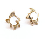 1960s Kissing Fish Cufflinks Mad Men Era Men's Vintage Gold Tone Metal Cuff Links Set with Rhinestones and Mother-of-Pearl Inserts