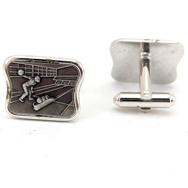 1960s Bowling Alley Cufflinks Mad Men Era Mid Century Men's Vintage Silver Tone Metal Cufflink Set with Bowler in Bowling Alley