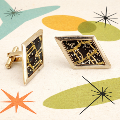 1950s Huge Glitter Cufflinks Mad Men Era Vintage Men's Gold Tone Metal Diamond Shape Cufflink Set with Black Resin Glitter Background