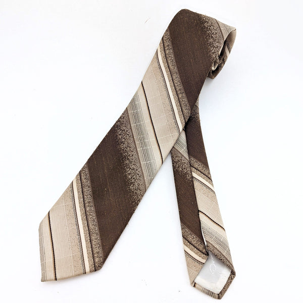 1970s Oscar de la Renta Tie Men's Disco Era Vintage Brown and Tan Woven Polyester Necktie